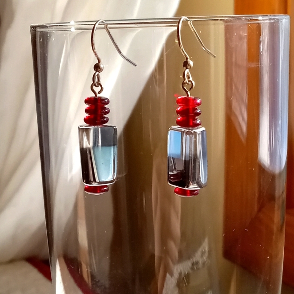 Artisan Earrings Stacked Red Glass Chrome Triangle Beads French Ear Womens Gift